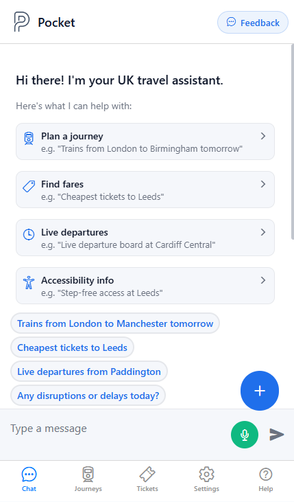 The Pocket app chat interface, available around the clock